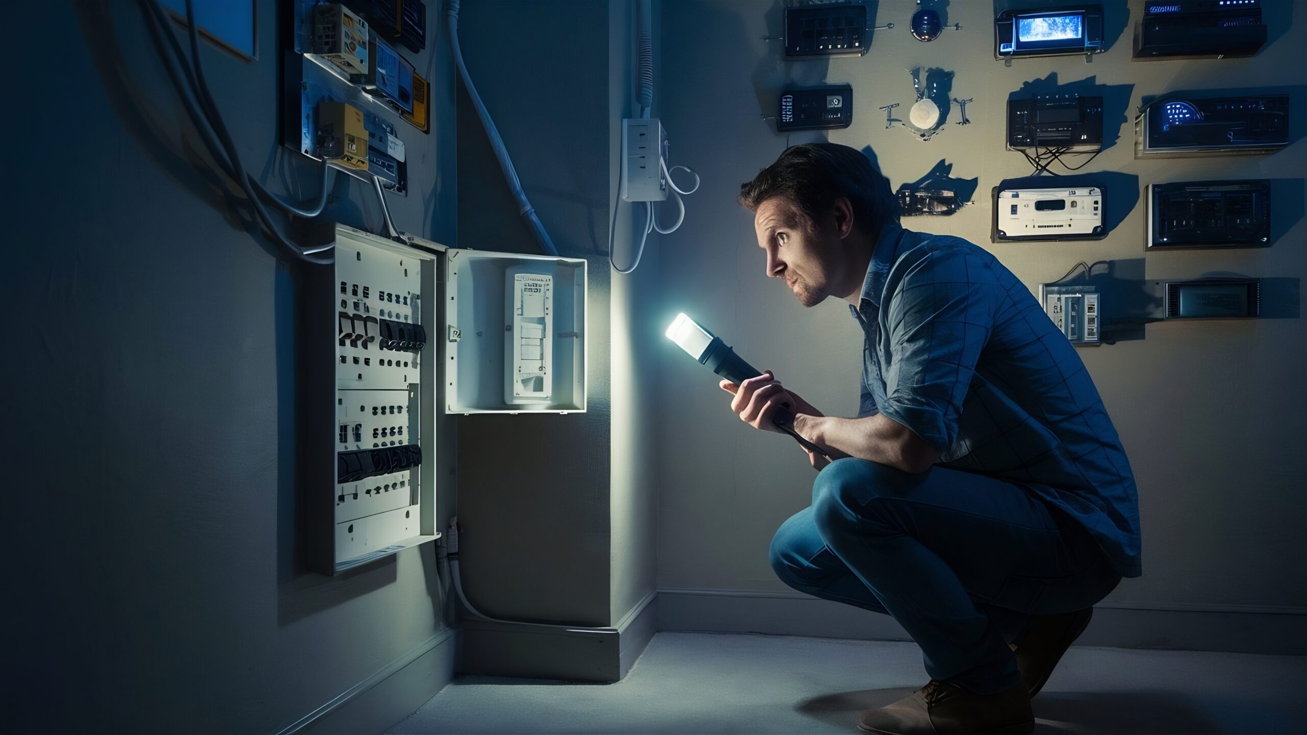 พนักงานส่องไฟตรวจสอบรอยขาดของสายไฟและสายสัญญาณซึ่งเป็นสาเหตุหลักที่ทำให้เกิดช็อตเซอร์กิตในระบบไฟฟ้า