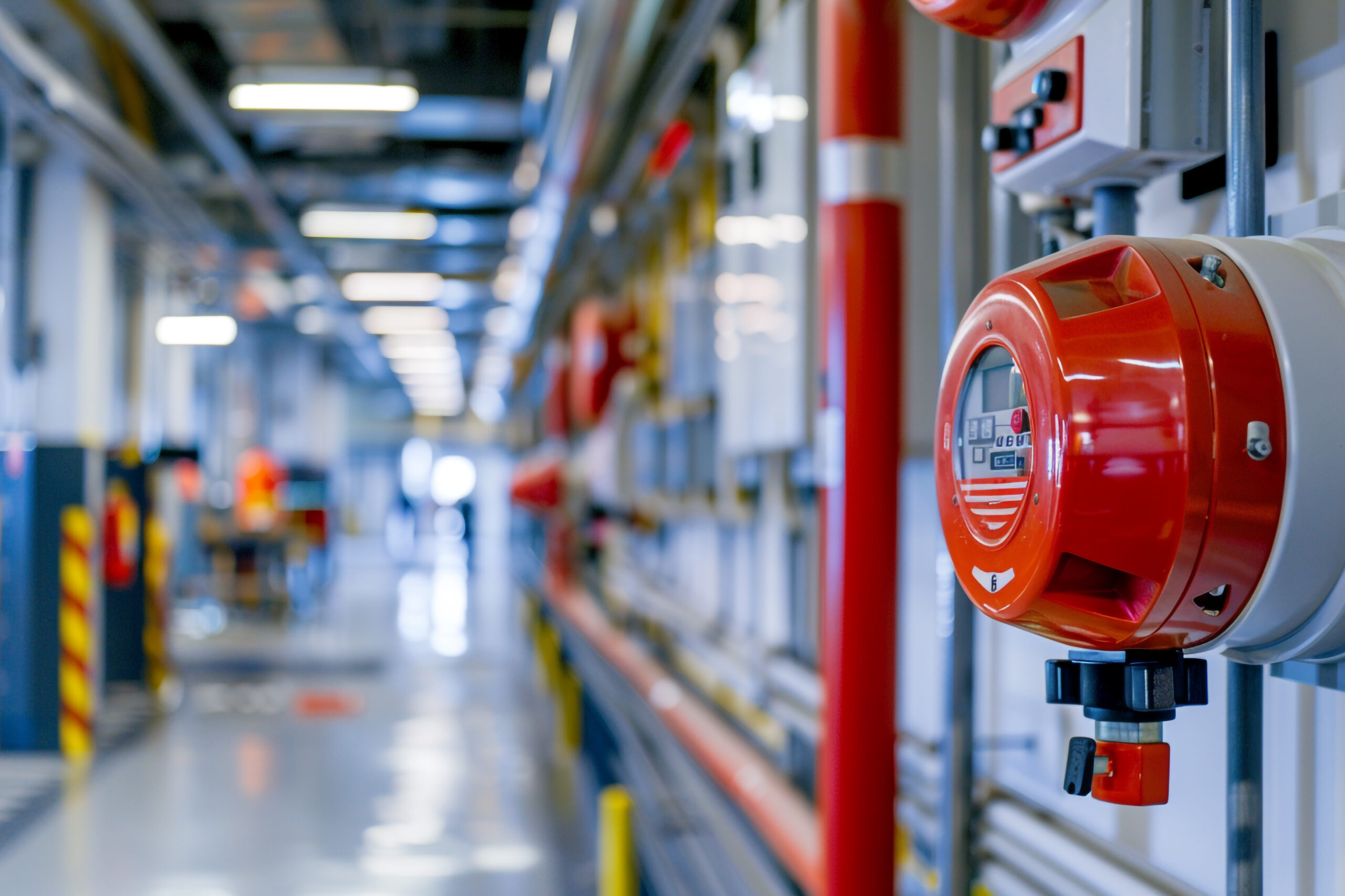 red fire alarm industrial corridor scaled